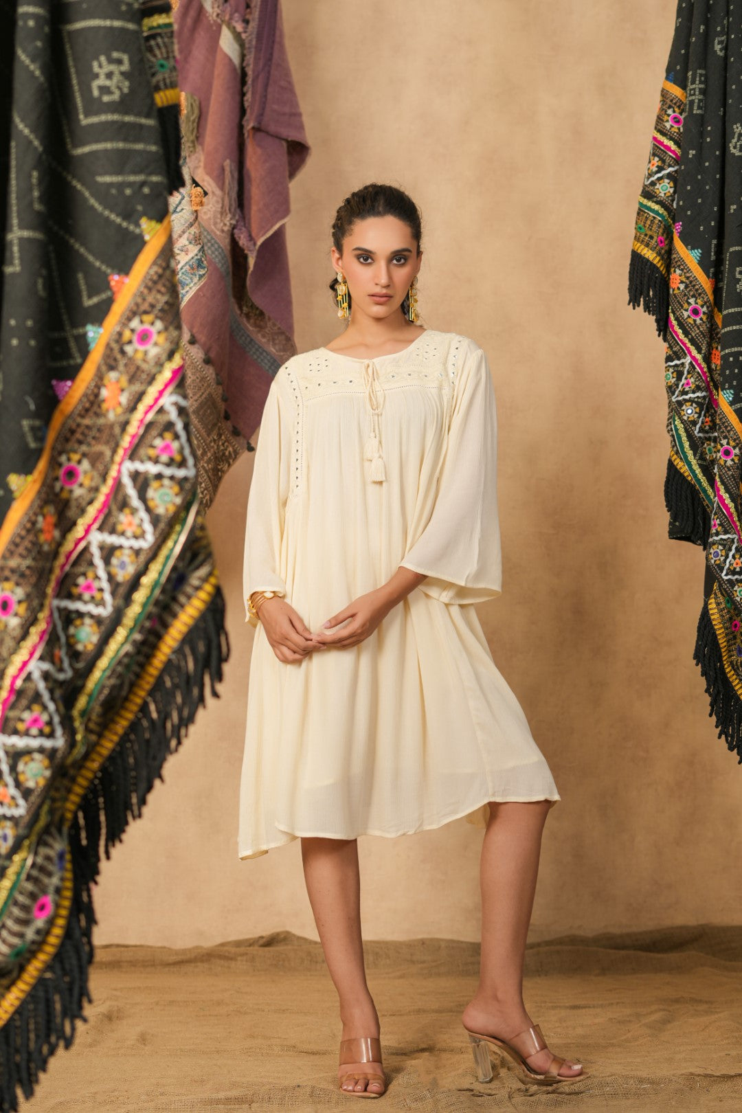 Women Rayon Crepe Beige Mirror Work Embroidered Peplum Dress