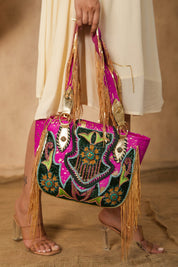 Women Handmade Leather Shoulder Bag With Decorative Sequin Fringe