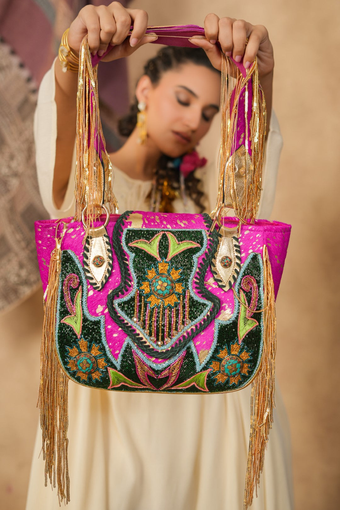 Women Handmade Leather Shoulder Bag With Decorative Sequin Fringe