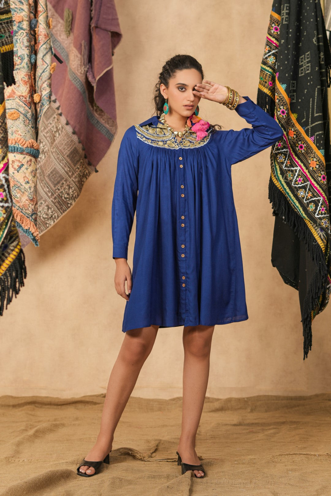 Women Viscose Rayon Embroidered Mini Dress