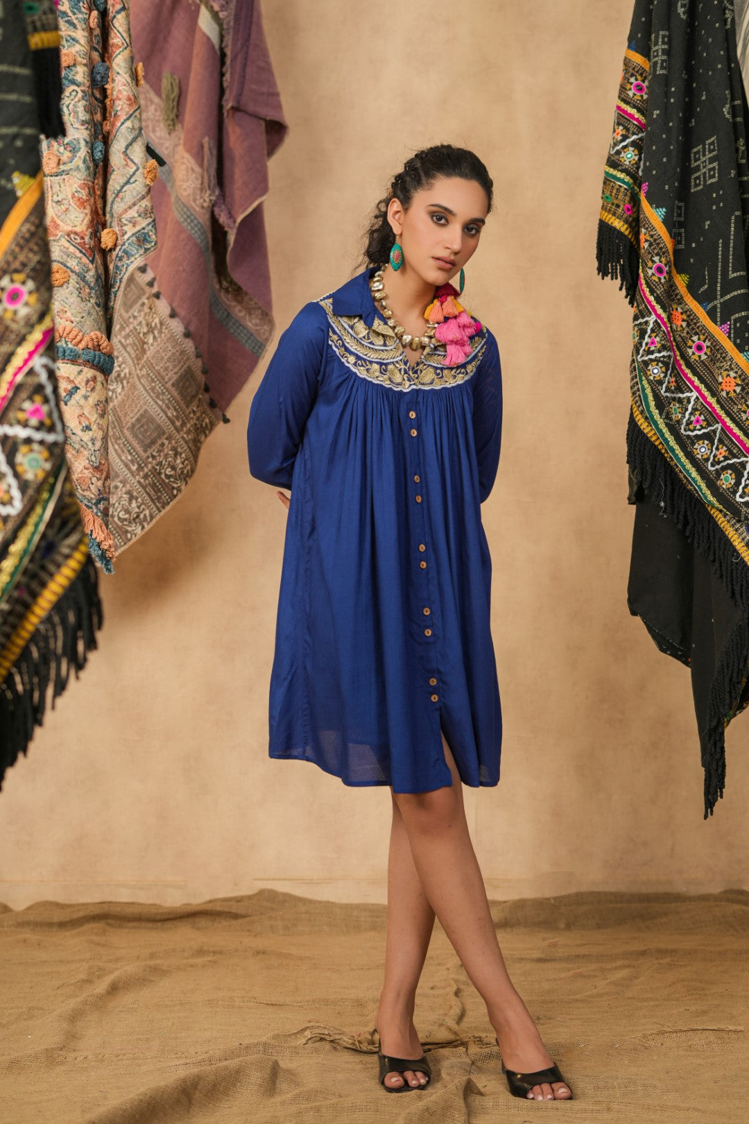 Women Viscose Rayon Embroidered Mini Dress