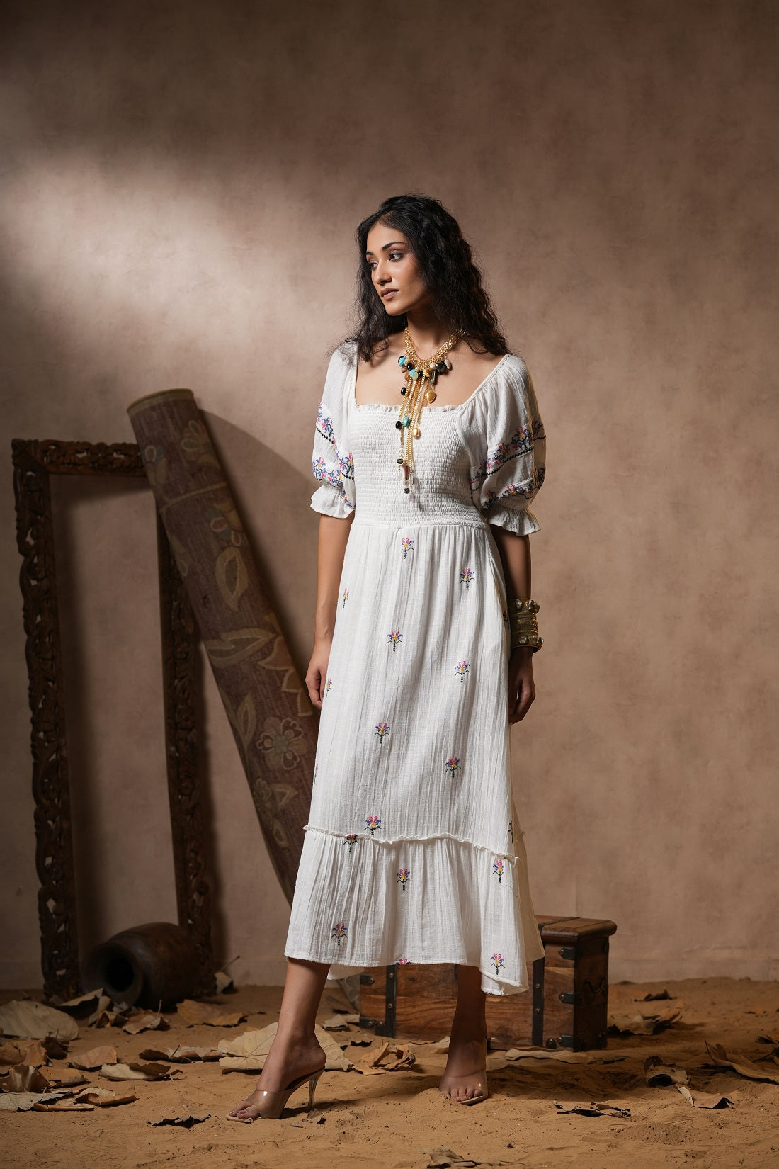 Women White Cotton Smocking Embroidered A-line Midi Dress with Pocket