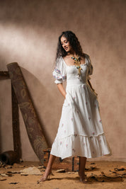 Women White Cotton Smocking Embroidered A-line Midi Dress with Pocket