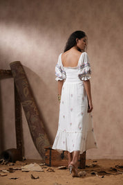 Women White Cotton Smocking Embroidered A-line Midi Dress with Pocket