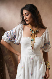 Women White Cotton Smocking Embroidered A-line Midi Dress with Pocket