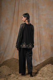 Women Black Georgette Rayon Crepe Embroidered Top