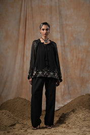 Women Black Georgette Rayon Crepe Embroidered Top