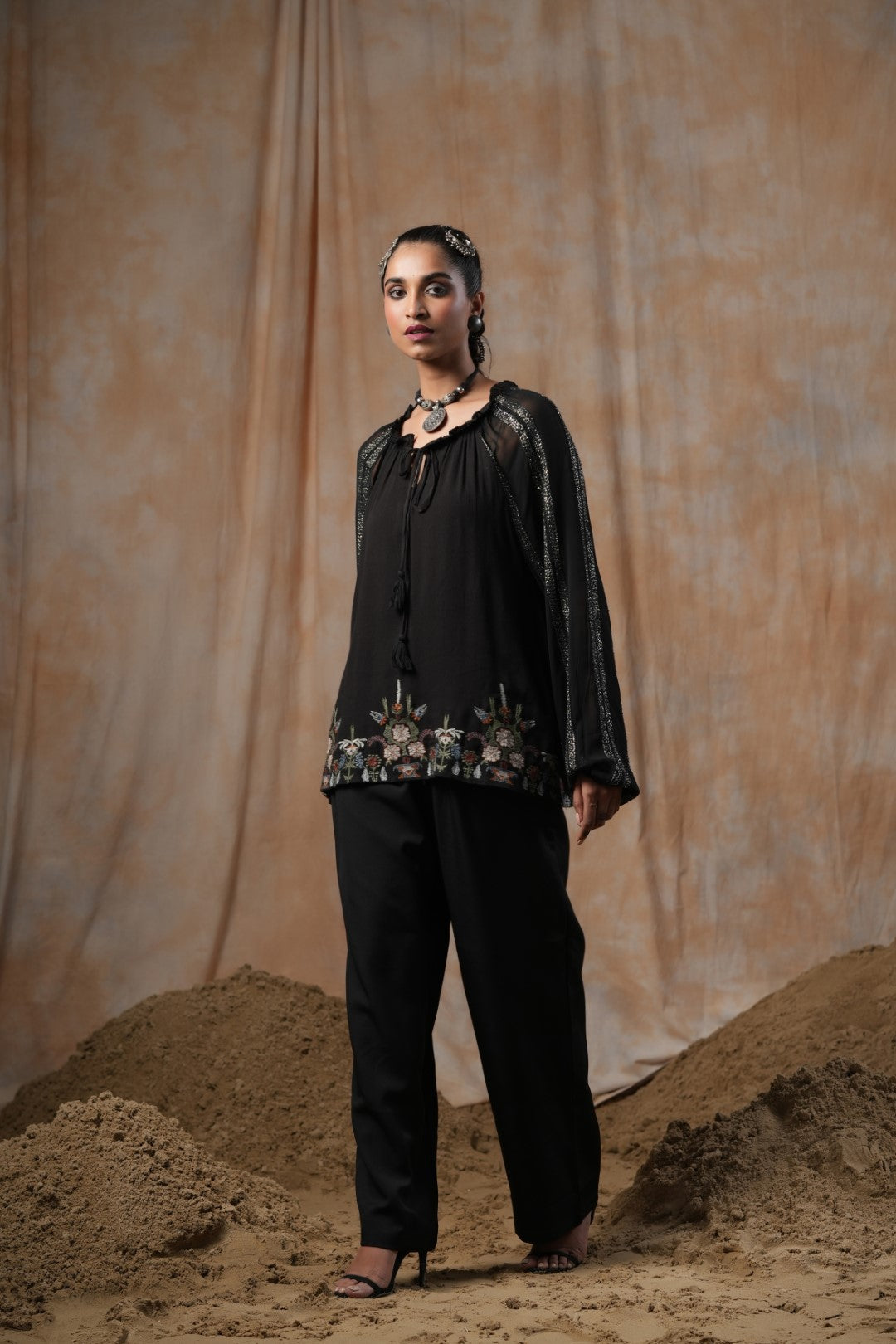 Women Black Georgette Rayon Crepe Embroidered Top