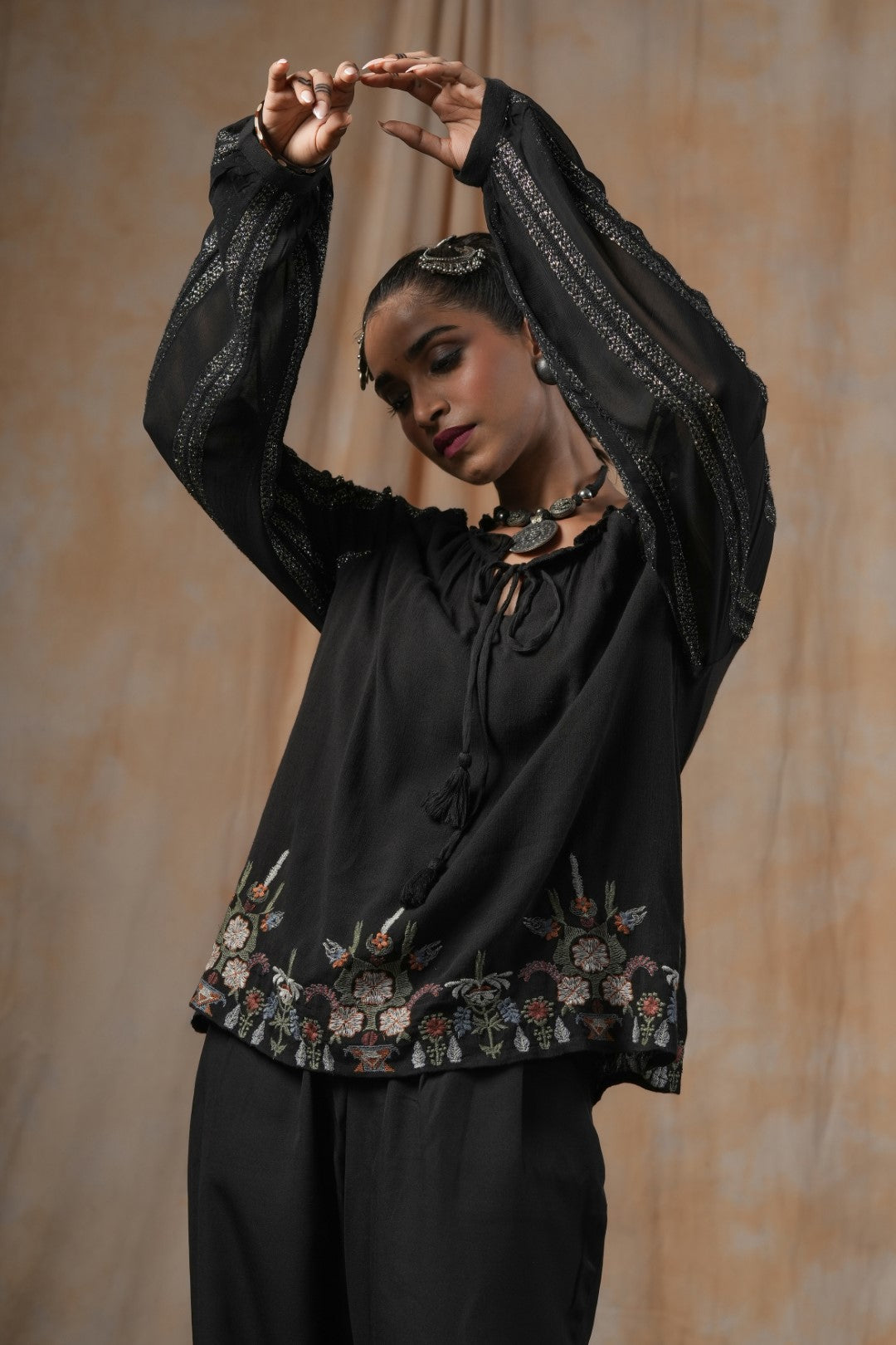 Women Black Georgette Rayon Crepe Embroidered Top