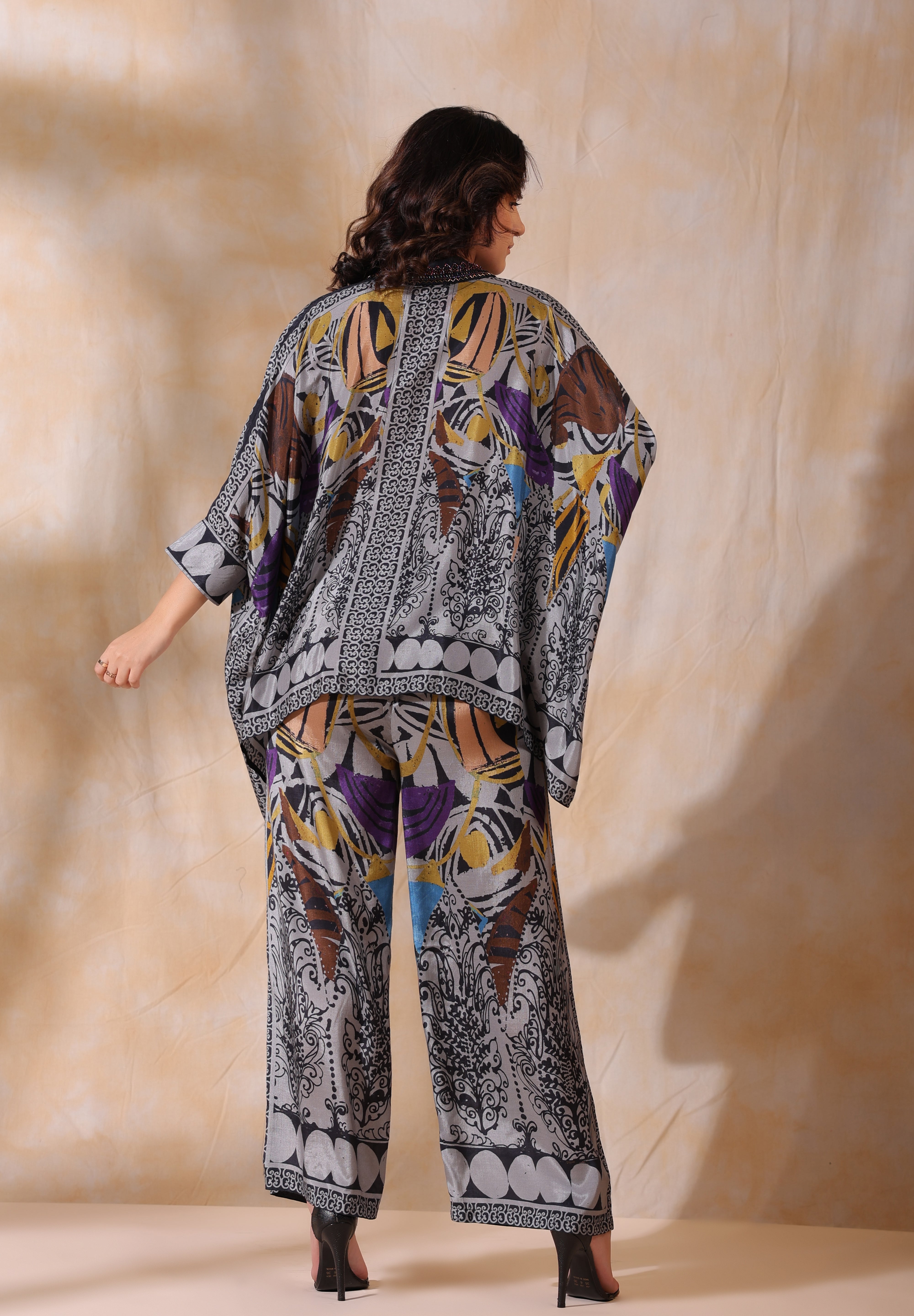 Women Grey Viscose Satin Floral Printed Co-Ord Set