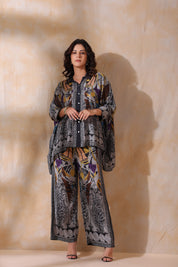 Women Grey Viscose Satin Floral Printed Co-Ord Set