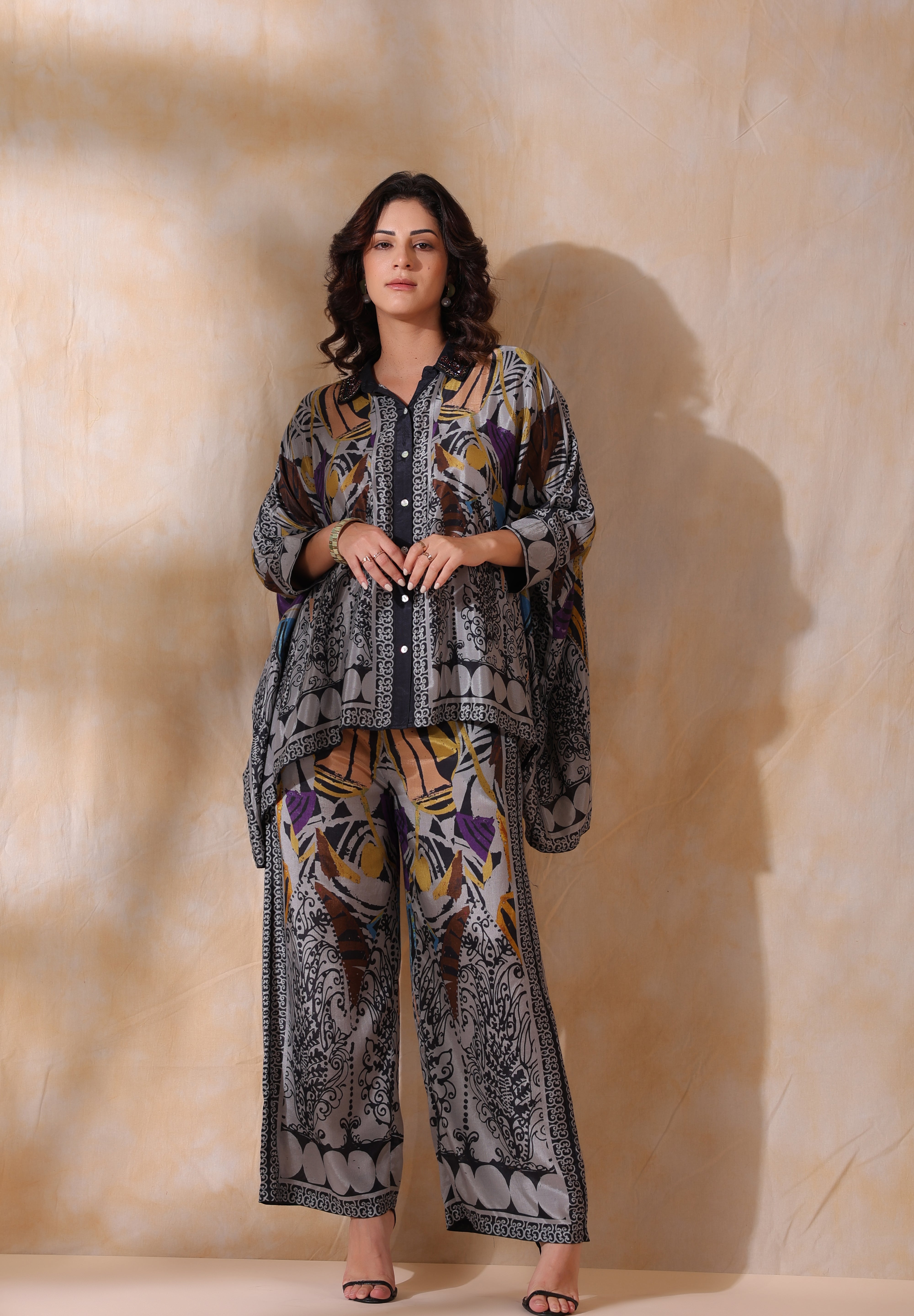 Women Grey Viscose Satin Floral Printed Co-Ord Set