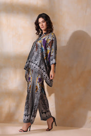 Women Grey Viscose Satin Floral Printed Co-Ord Set