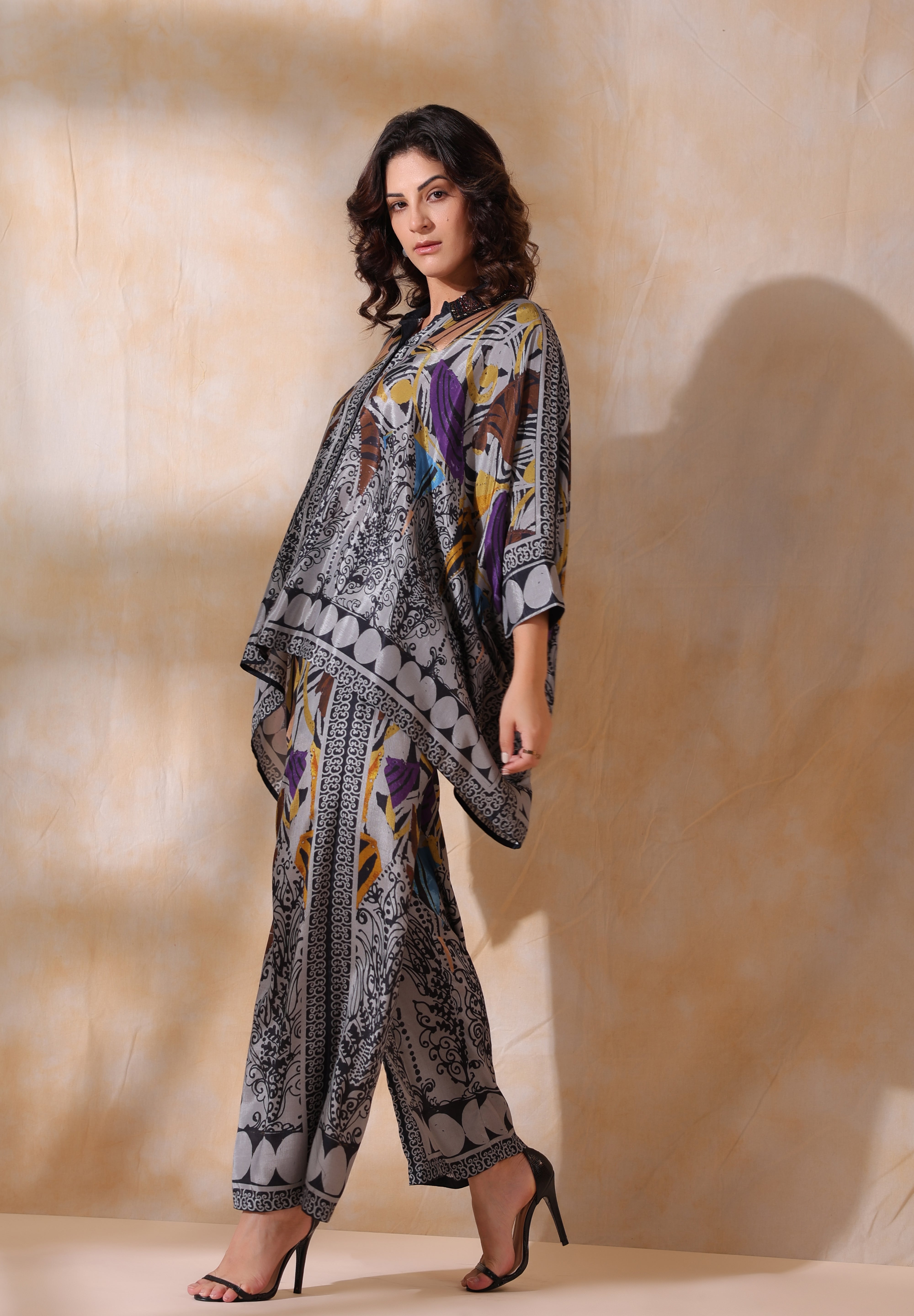 Women Grey Viscose Satin Floral Printed Co-Ord Set