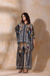 Women Grey Viscose Satin Floral Printed Co-Ord Set