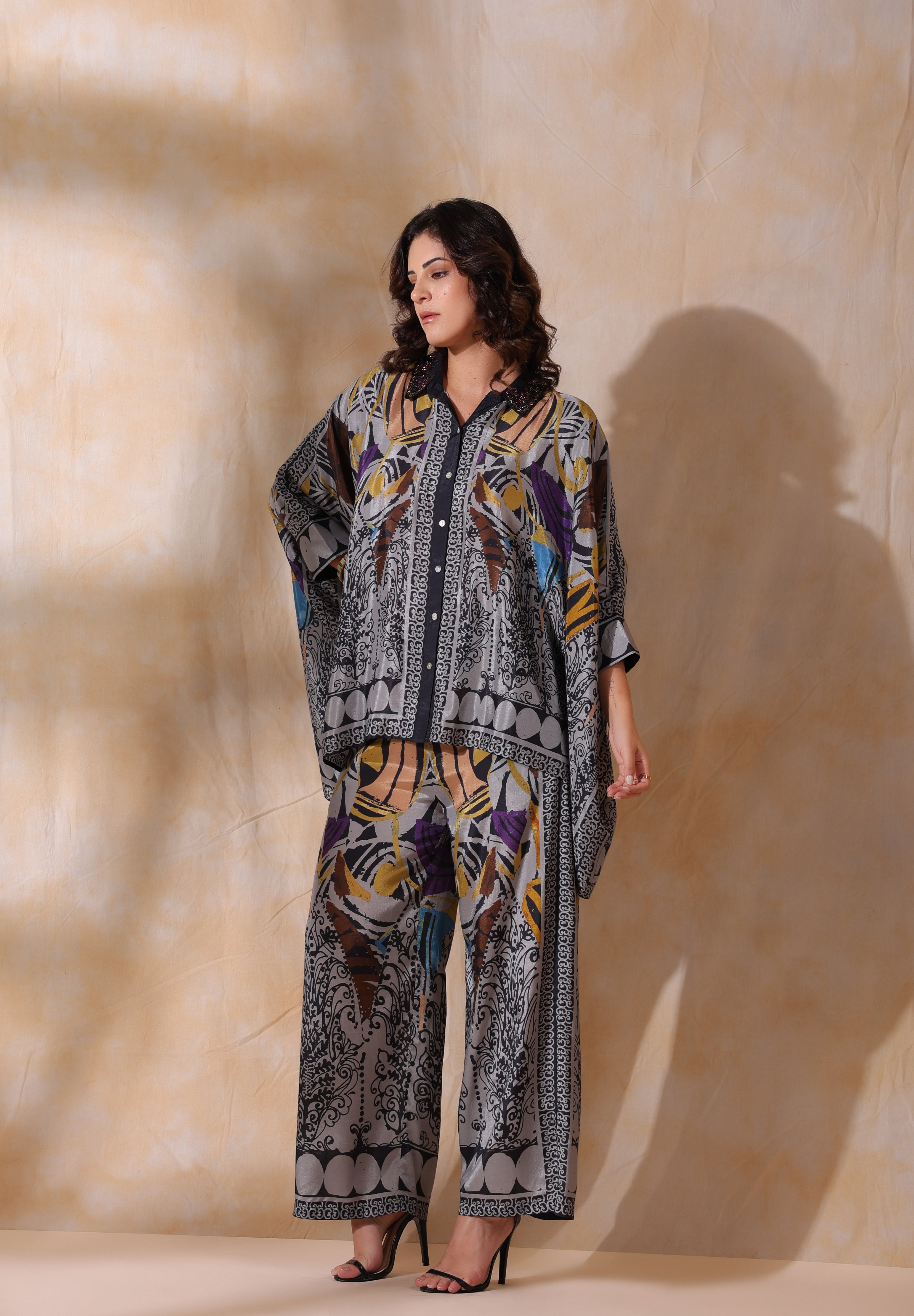 Women Grey Viscose Satin Floral Printed Co-Ord Set