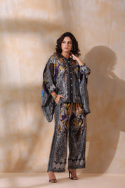 Women Grey Viscose Satin Floral Printed Co-Ord Set