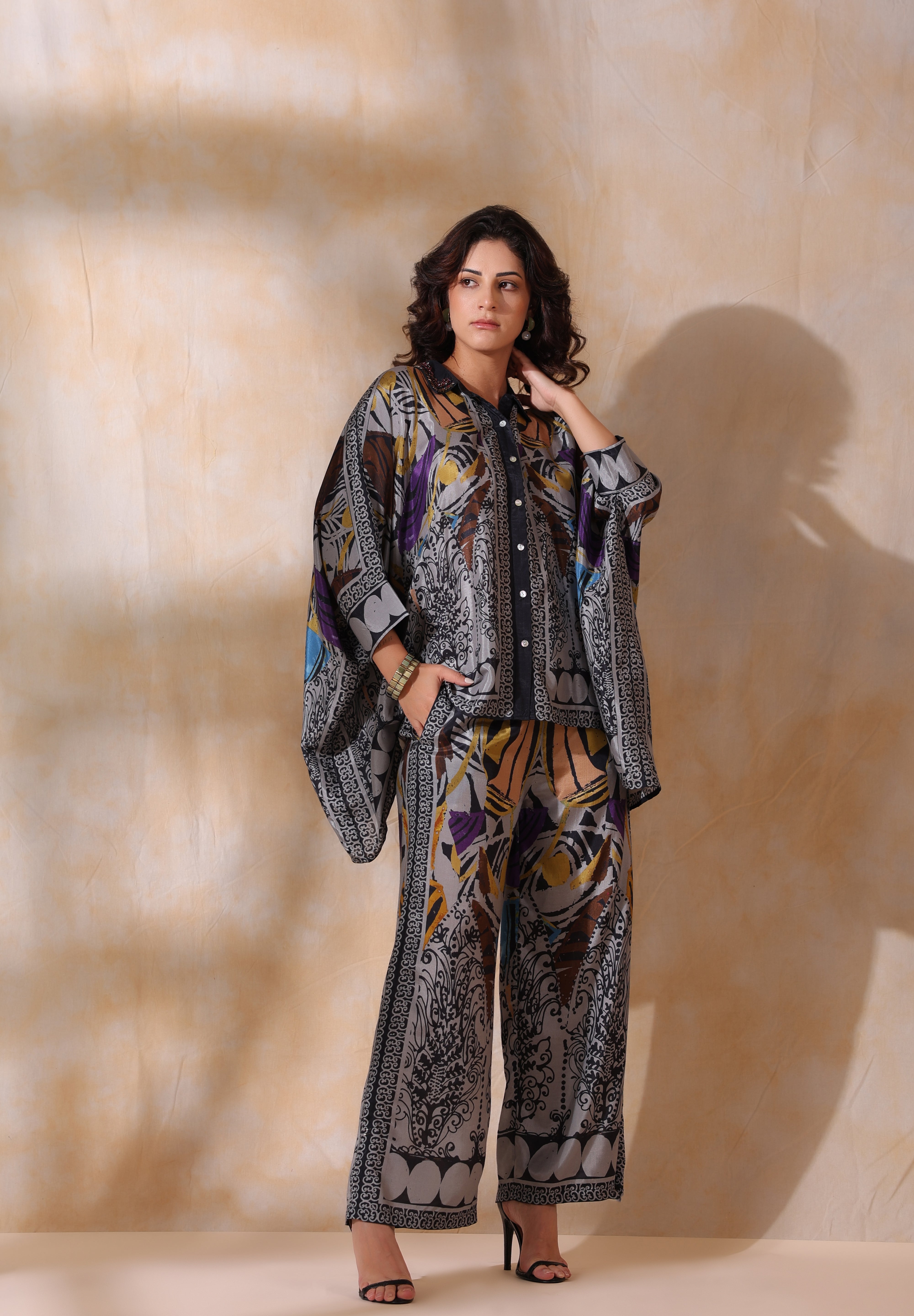 Women Grey Viscose Satin Floral Printed Co-Ord Set