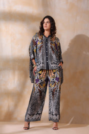 Women Grey Viscose Satin Floral Printed Co-Ord Set