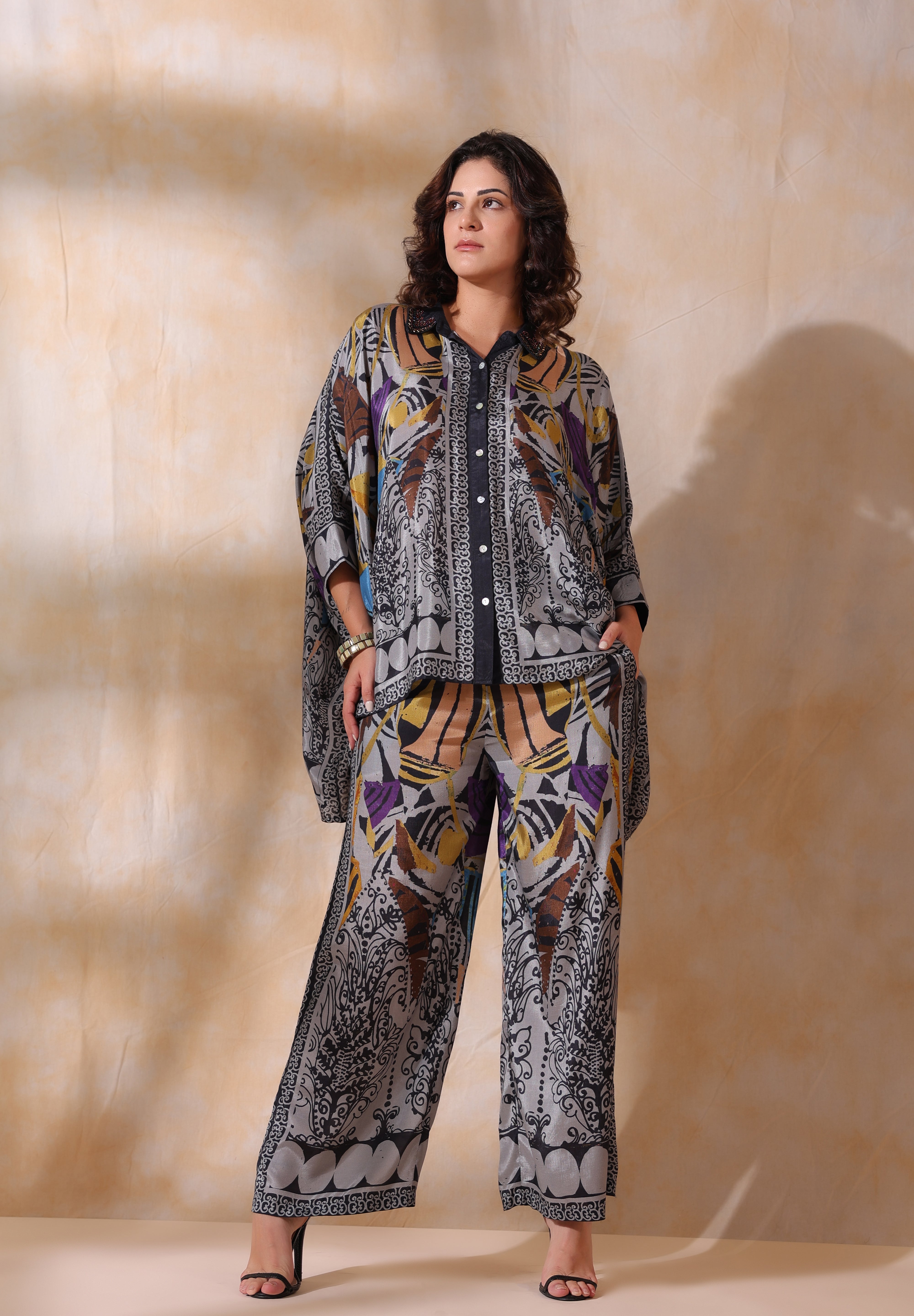 Women Grey Viscose Satin Floral Printed Co-Ord Set