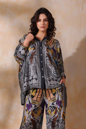 Women Grey Viscose Satin Floral Printed Co-Ord Set