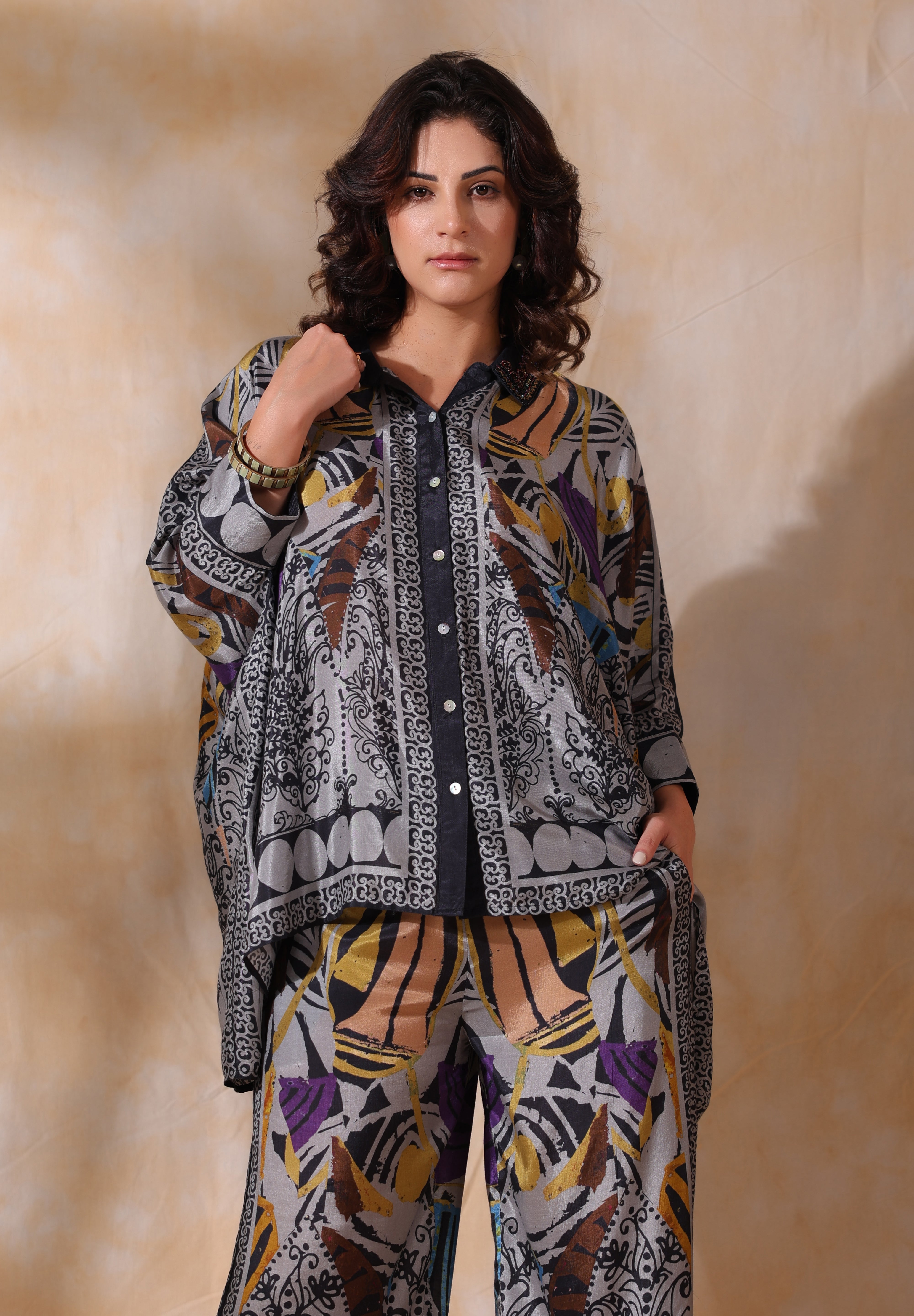 Women Grey Viscose Satin Floral Printed Co-Ord Set