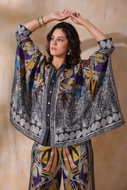 Women Grey Viscose Satin Floral Printed Co-Ord Set