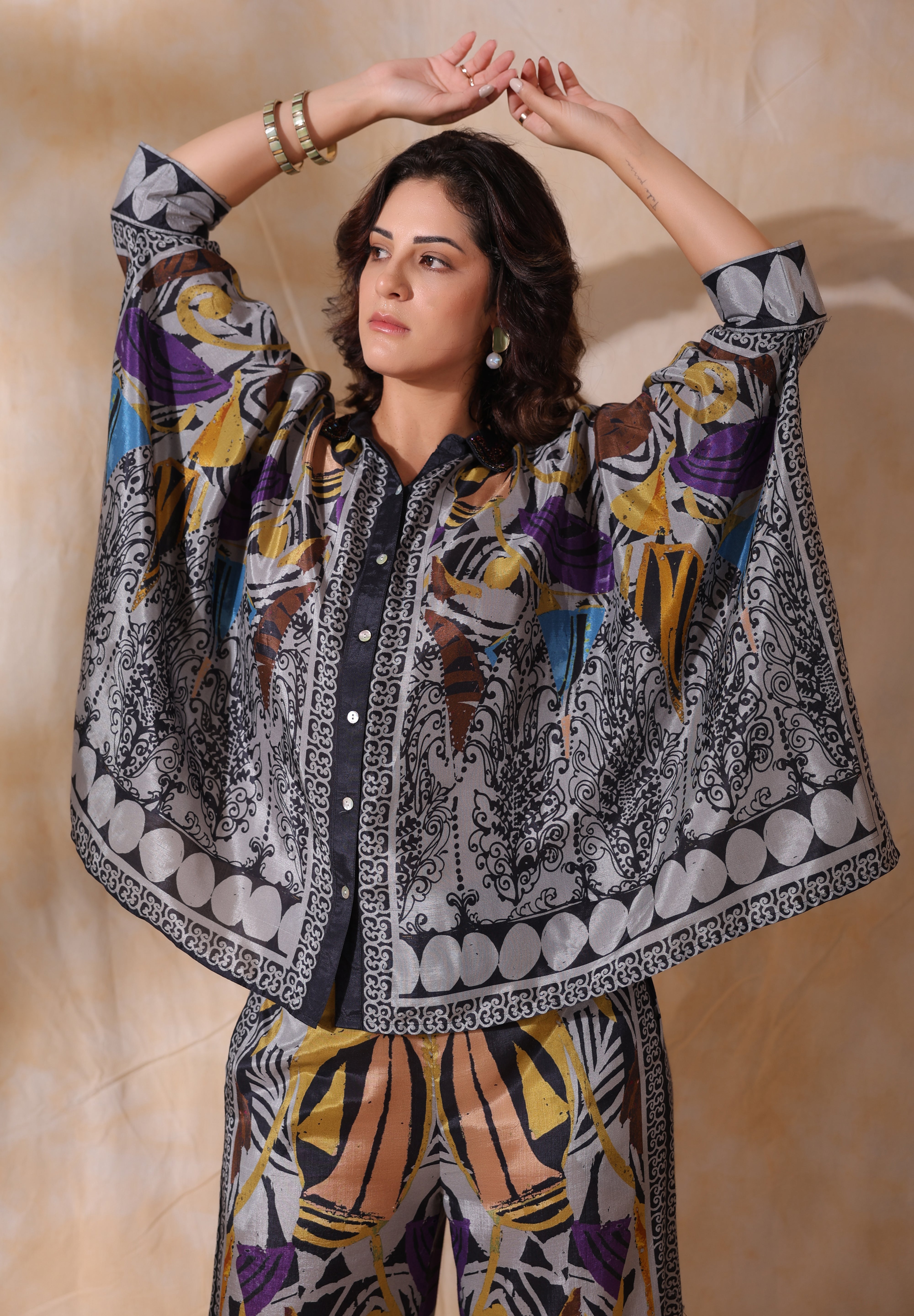 Women Grey Viscose Satin Floral Printed Co-Ord Set