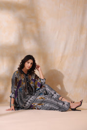 Women Grey Viscose Satin Floral Printed Co-Ord Set