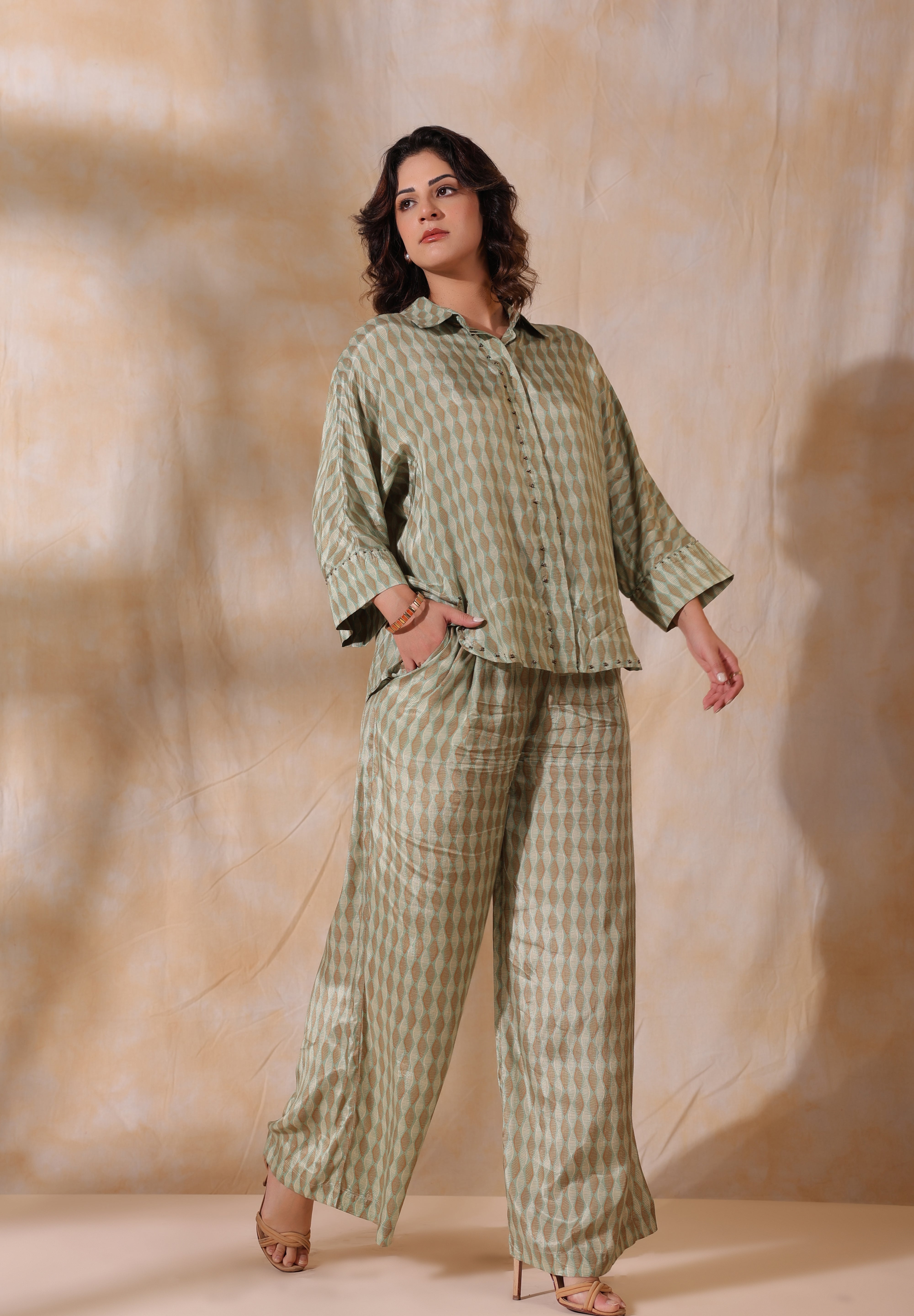 Women Green Printed  Viscose Santoon Fabric Co-Ord Set with Hand Work