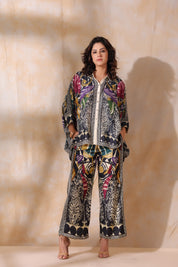 Women Black Viscose Satin Floral Printed Co-Ord Set