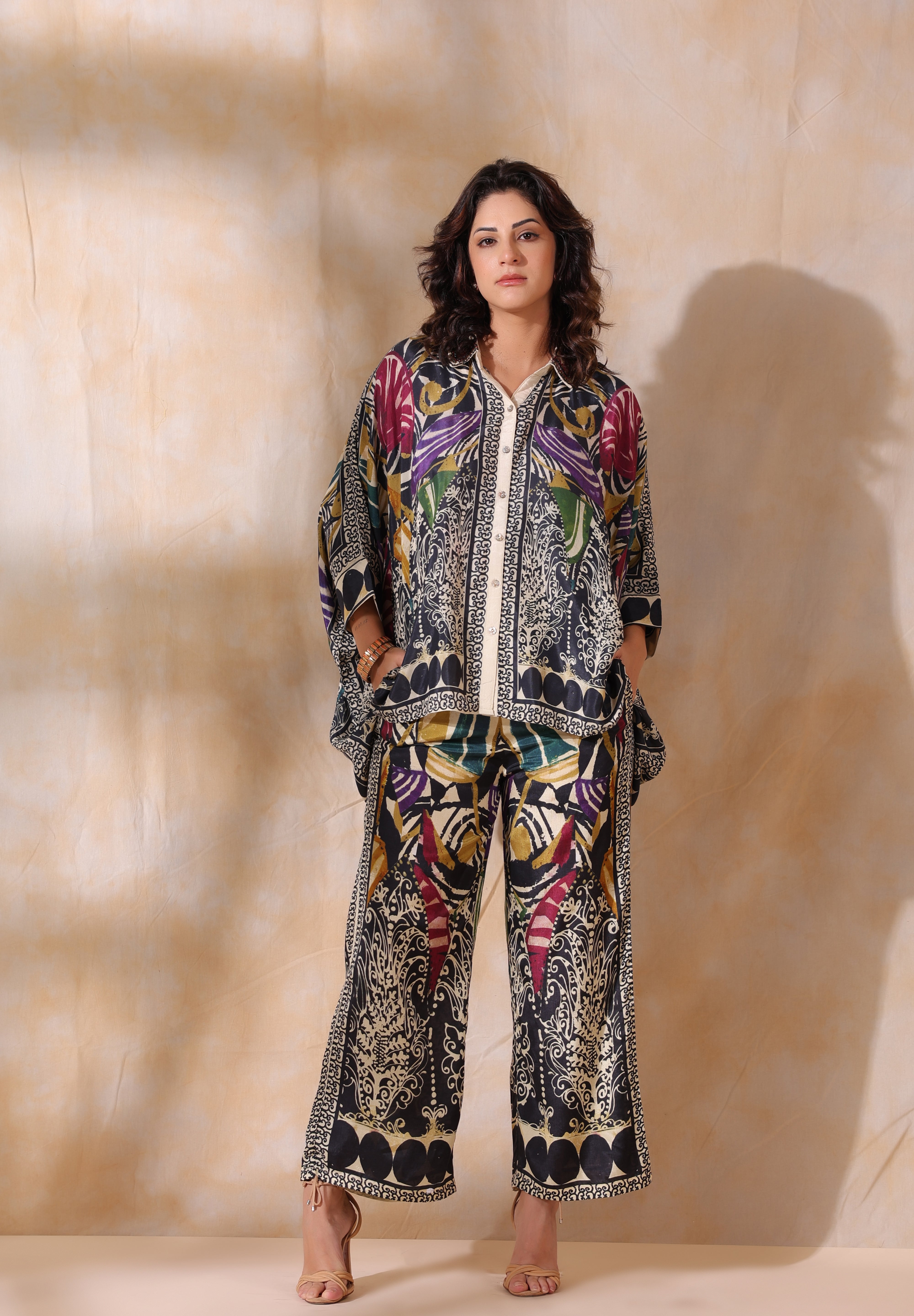 Women Black Viscose Satin Floral Printed Co-Ord Set