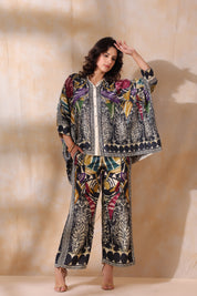 Women Black Viscose Satin Floral Printed Co-Ord Set