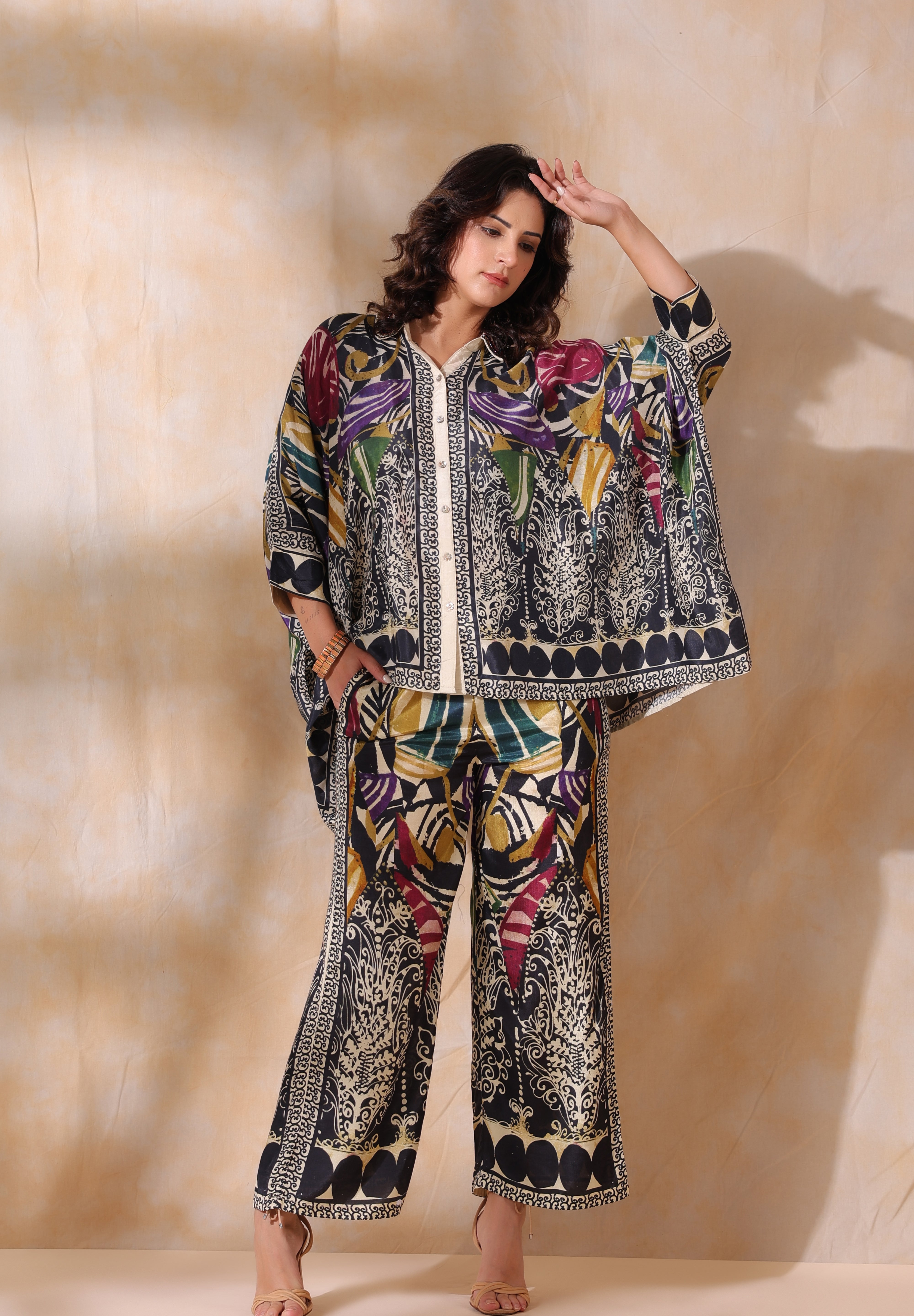 Women Black Viscose Satin Floral Printed Co-Ord Set