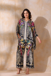 Women Black Viscose Satin Floral Printed Co-Ord Set