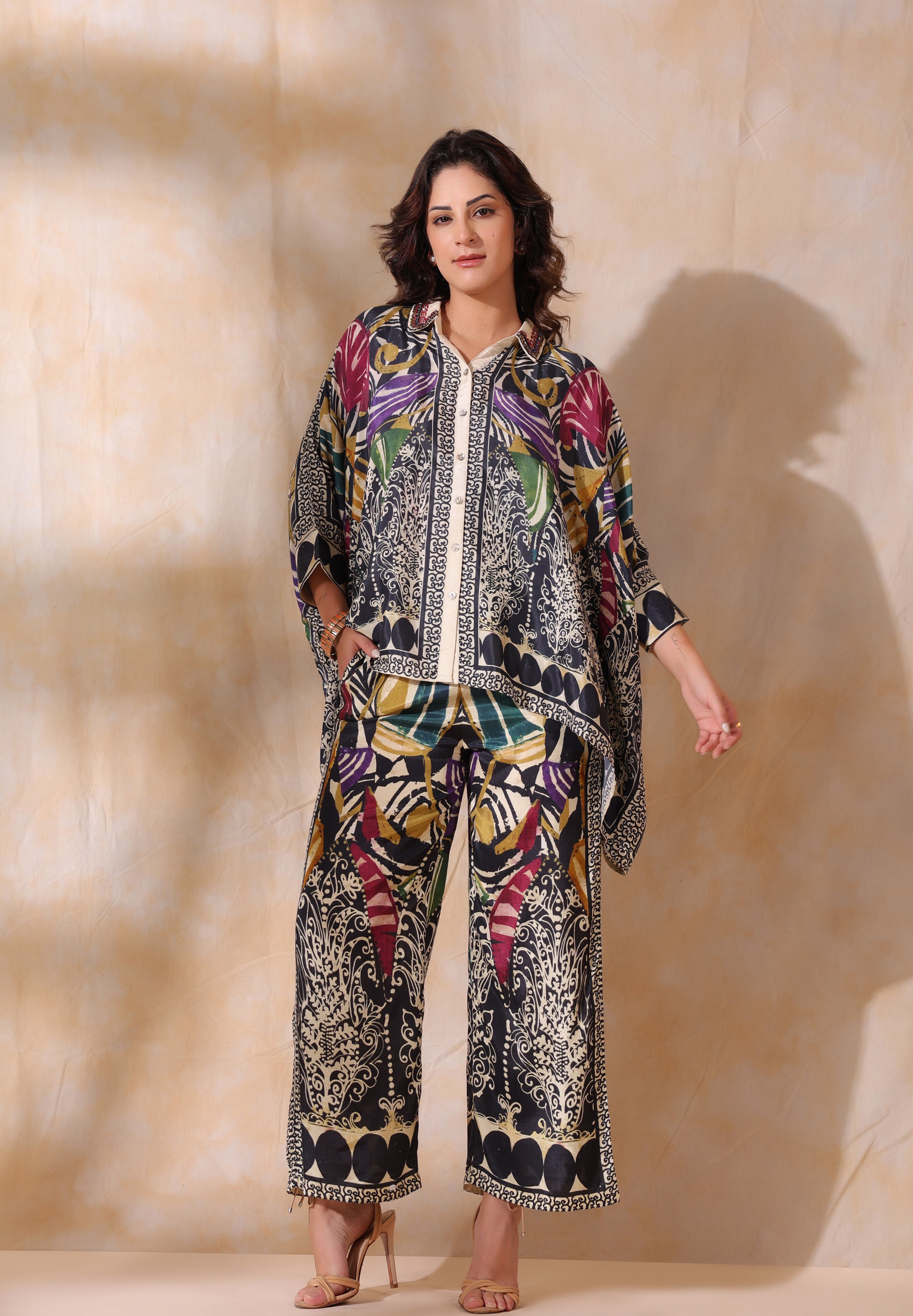 Women Black Viscose Satin Floral Printed Co-Ord Set