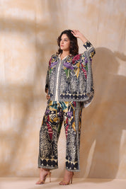 Women Black Viscose Satin Floral Printed Co-Ord Set