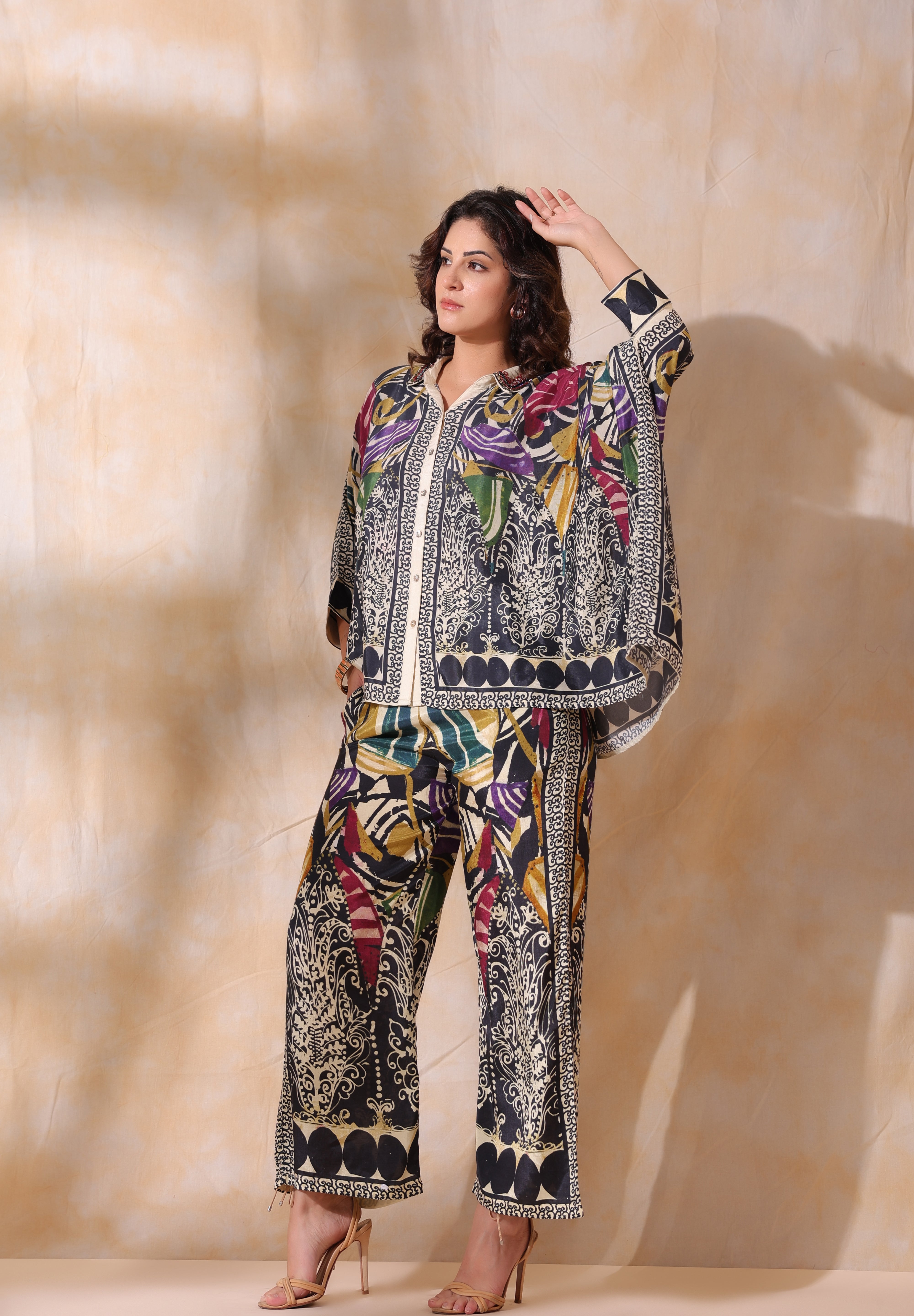 Women Black Viscose Satin Floral Printed Co-Ord Set