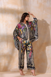 Women Black Viscose Satin Floral Printed Co-Ord Set