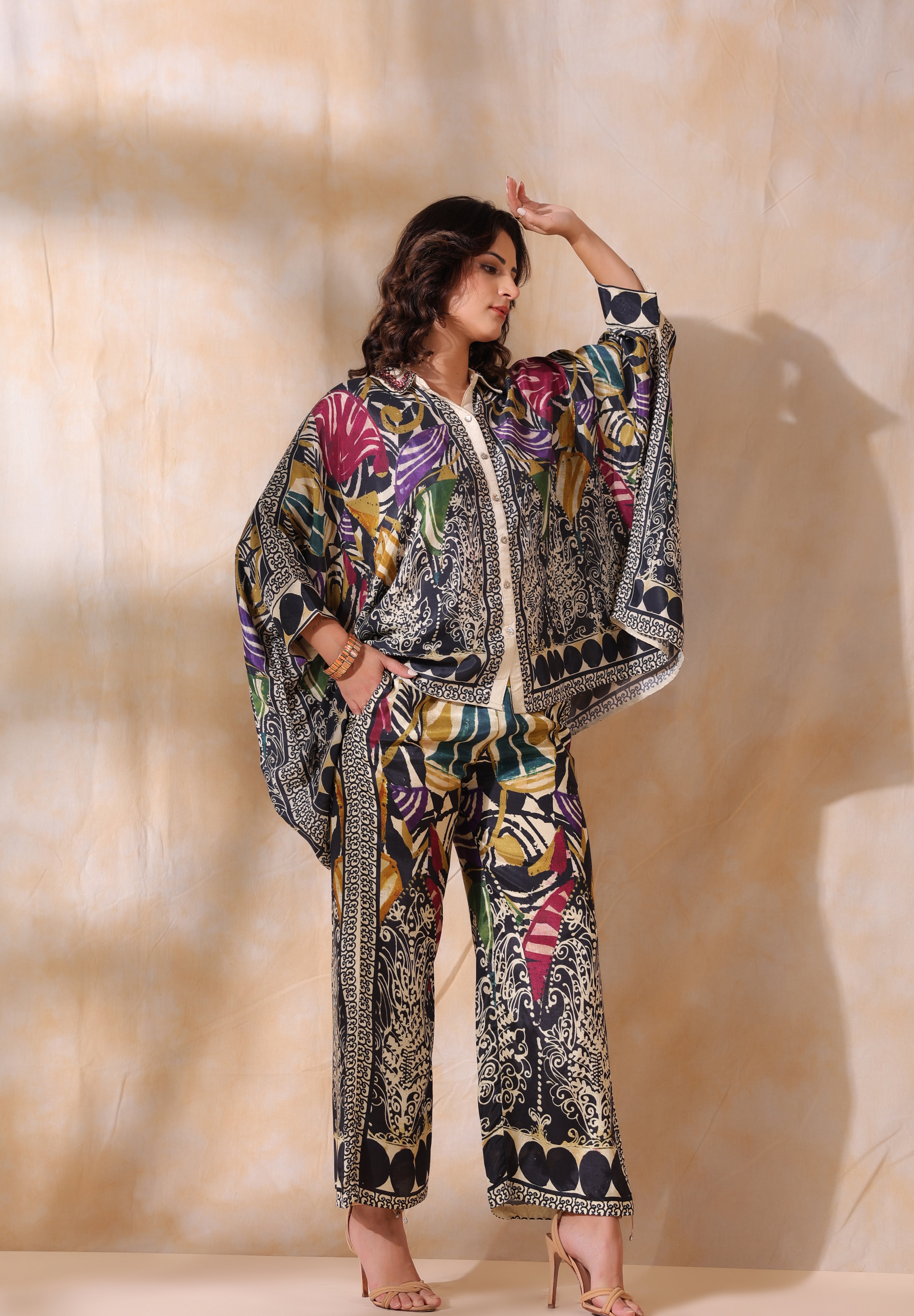 Women Black Viscose Satin Floral Printed Co-Ord Set