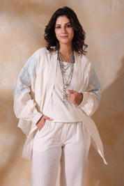 Women White Cotton Flex Linen Blue Embroidery With Hand Work Co-Ord Set