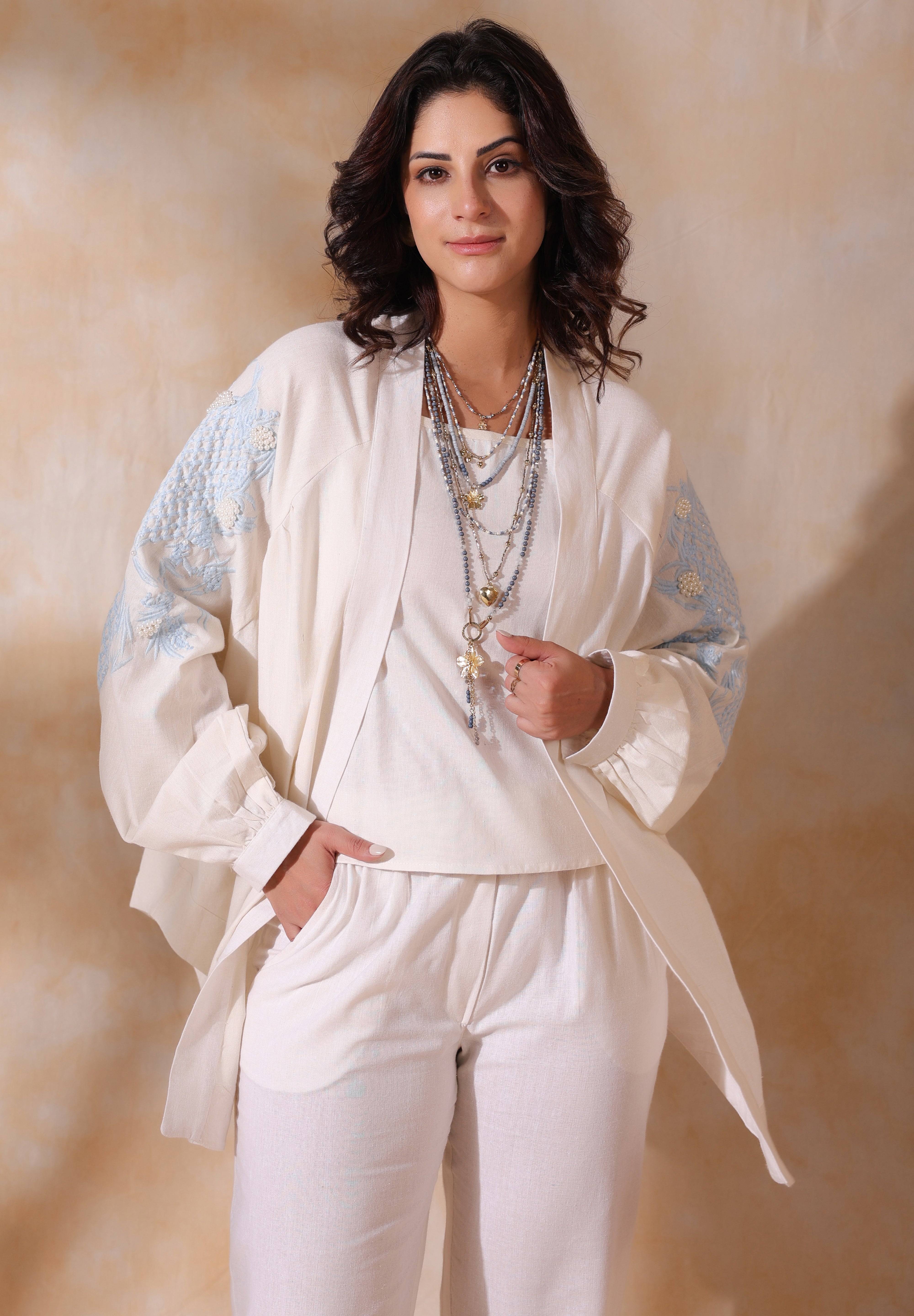 Women White Cotton Flex Linen Blue Embroidery With Hand Work Co-Ord Set