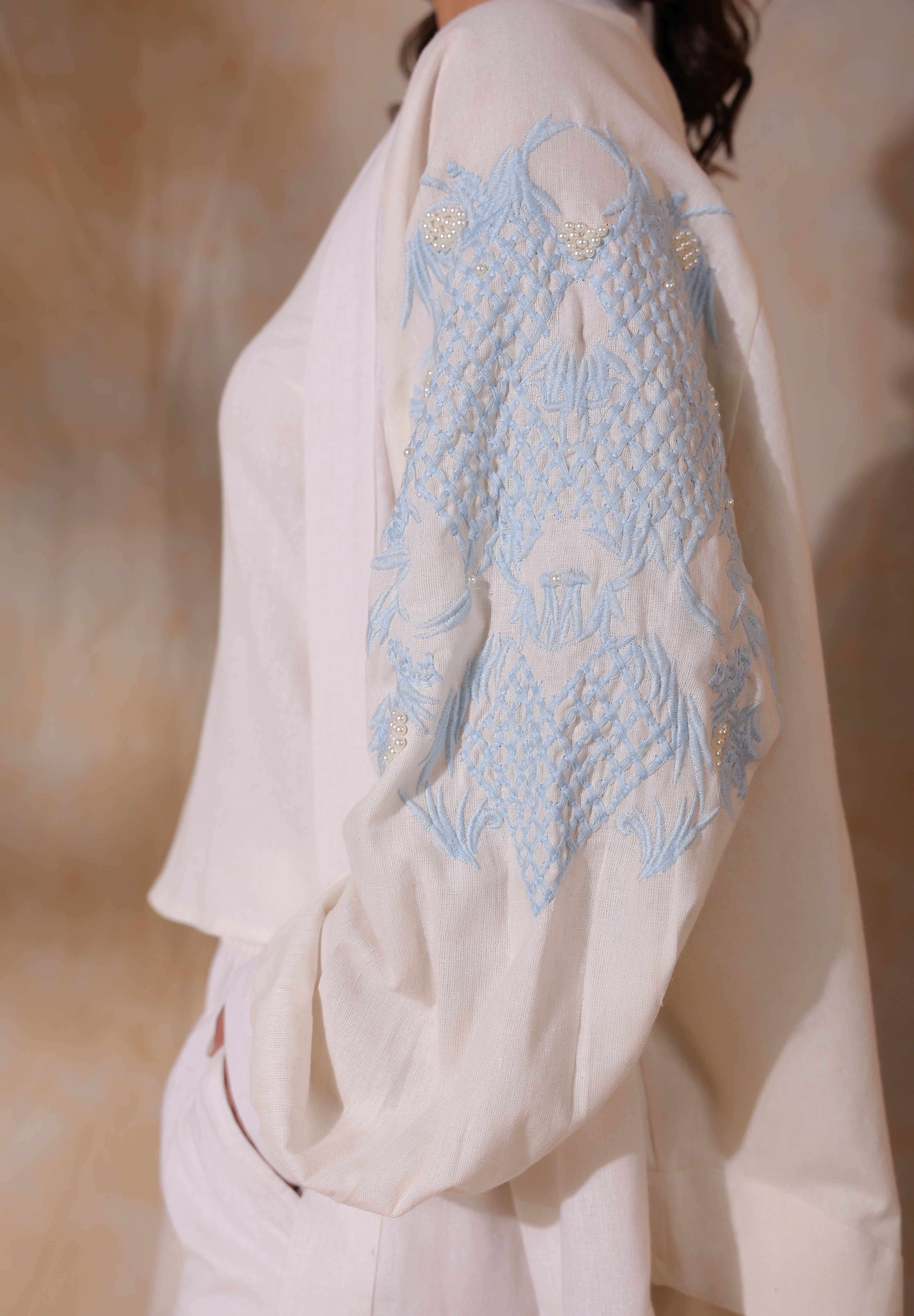 Women White Cotton Flex Linen Blue Embroidery With Hand Work Co-Ord Set