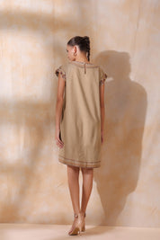 Women Khaki Cotton Flex Linen Front Embroidery Dress