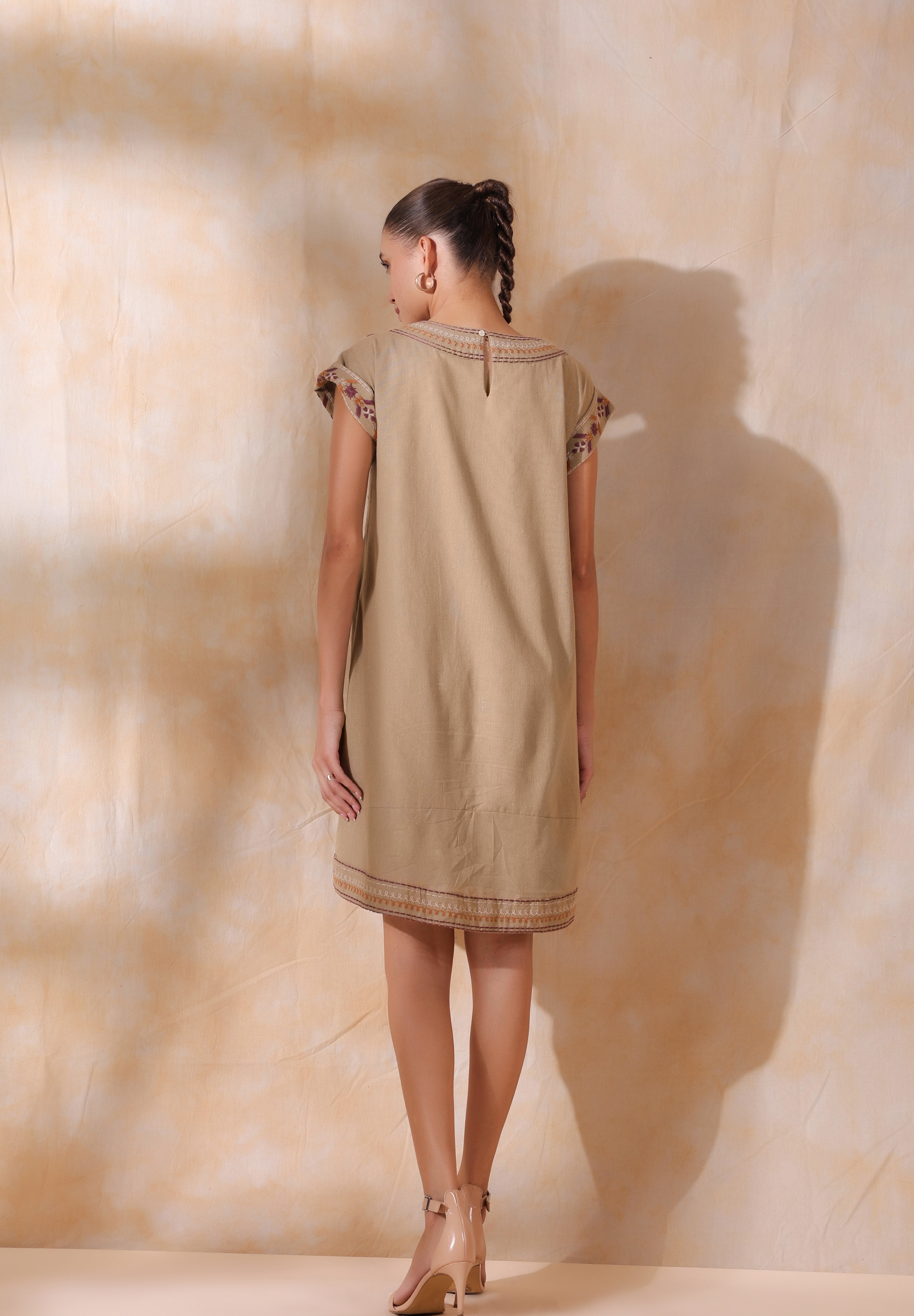 Women Khaki Cotton Flex Linen Front Embroidery Dress