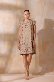 Women Khaki Cotton Flex Linen Front Embroidery Dress