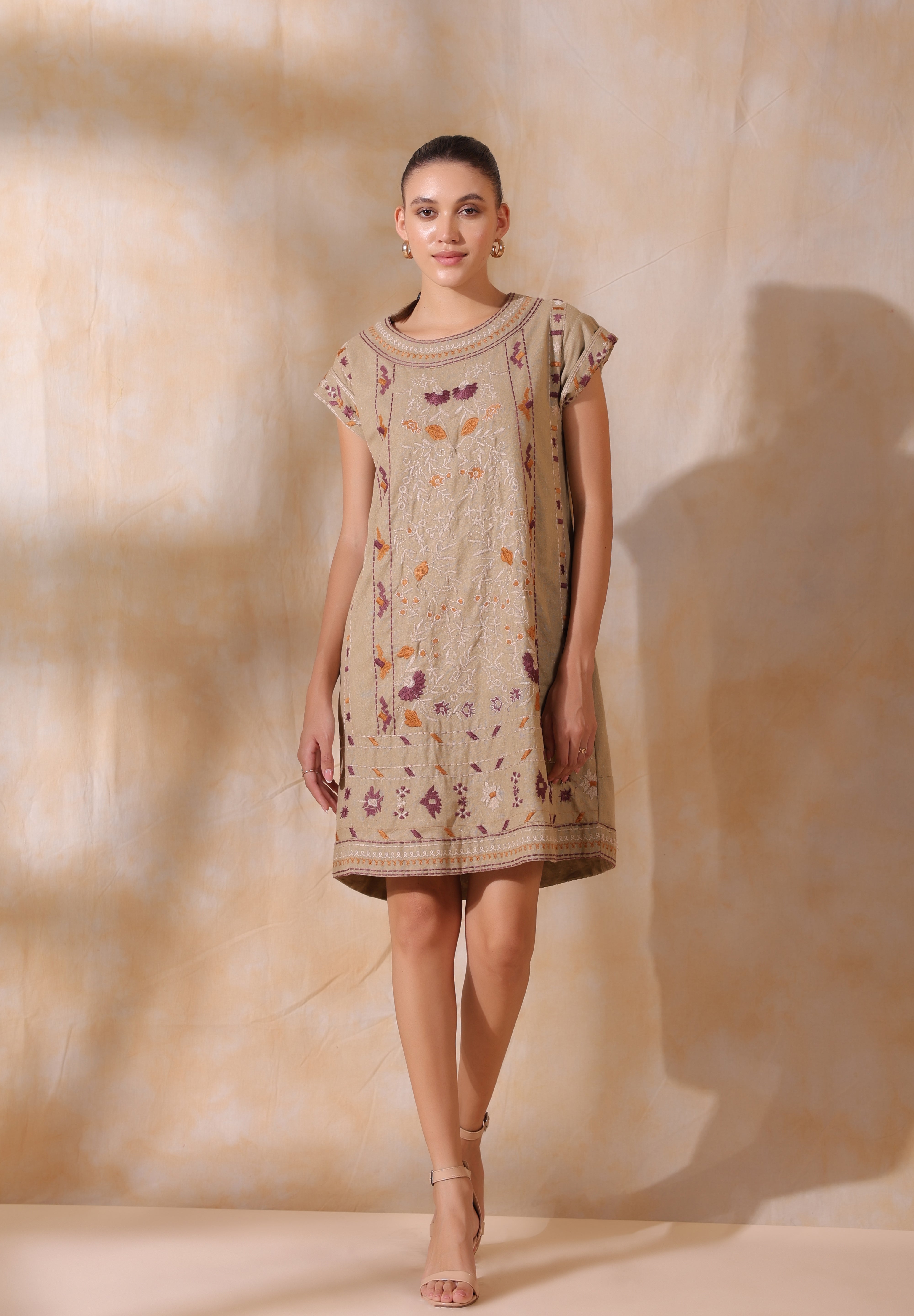 Women Khaki Cotton Flex Linen Front Embroidery Dress