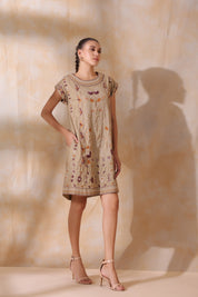 Women Khaki Cotton Flex Linen Front Embroidery Dress