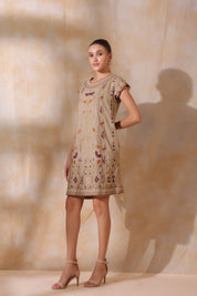 Women Khaki Cotton Flex Linen Front Embroidery Dress