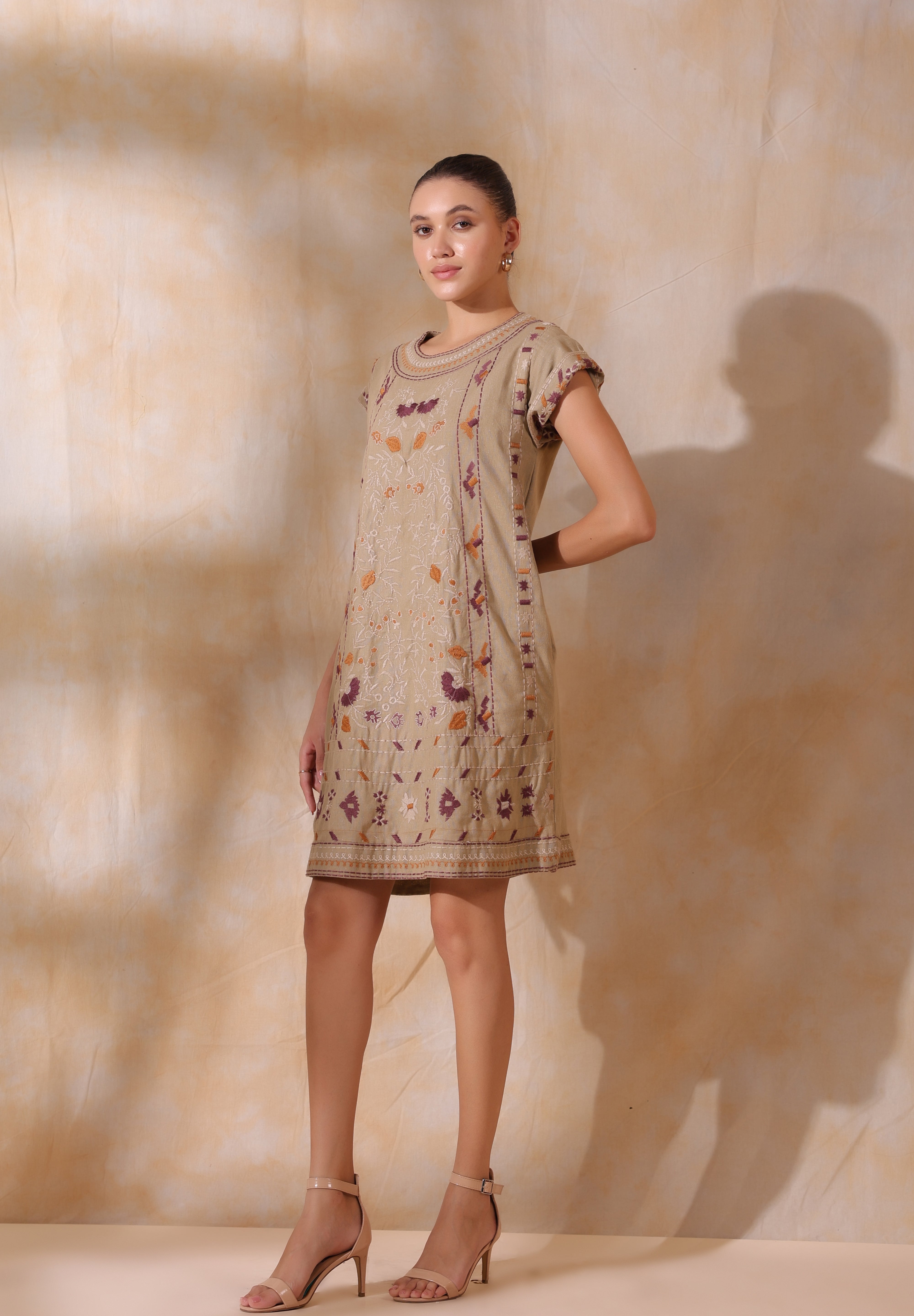 Women Khaki Cotton Flex Linen Front Embroidery Dress